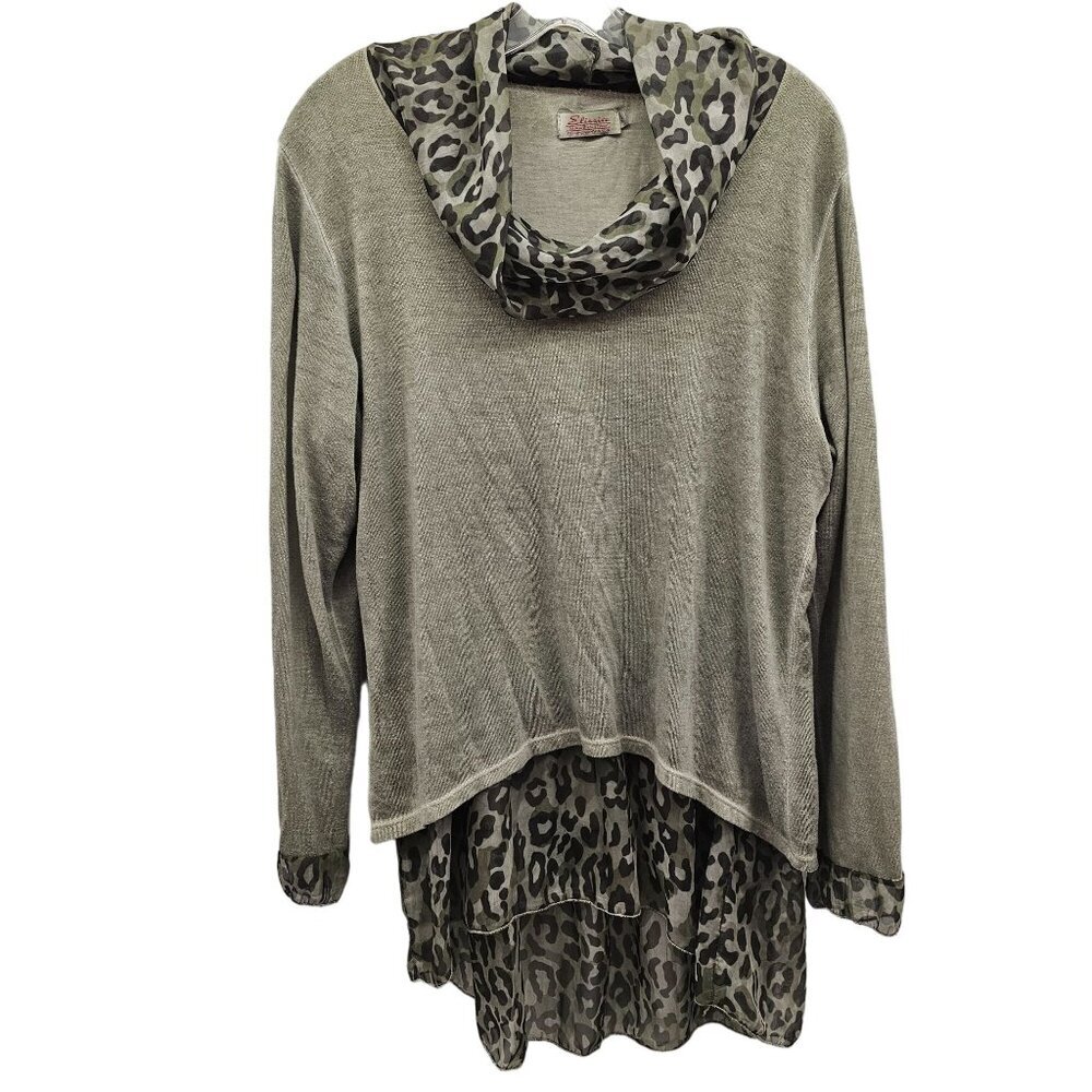 Elissia Women's XL Gray Knit Long Sleeve Blouse with Leopard Print Chiffon Layer